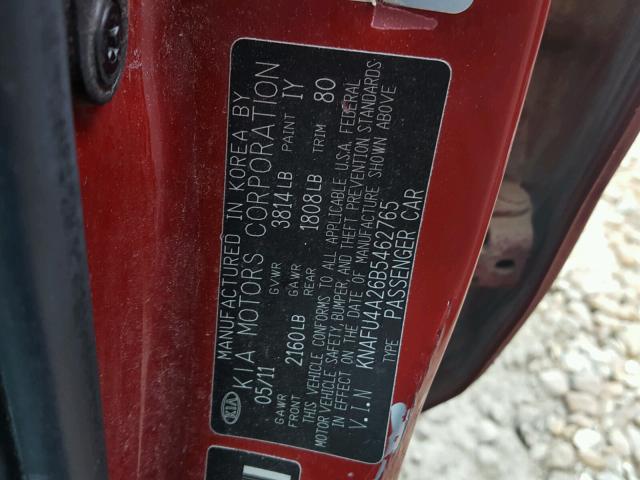 KNAFU4A26B5462765 - 2011 KIA FORTE EX RED photo 10