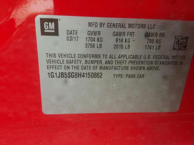 1G1JB5SG8H4150862 - 2017 CHEVROLET SONIC LS RED photo 10