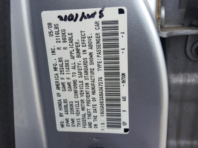 19UUA66248A047274 - 2008 ACURA TL SILVER photo 10