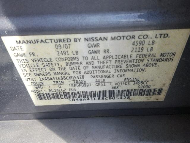 1N4BA41E88C805428 - 2008 NISSAN MAXIMA SE GRAY photo 10