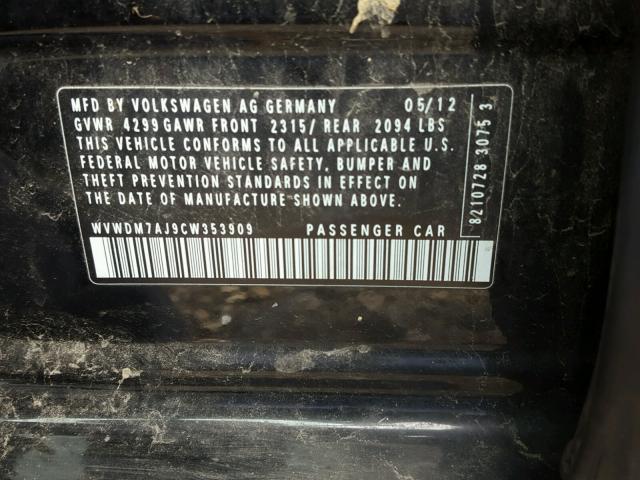 WVWDM7AJ9CW353909 - 2012 VOLKSWAGEN GOLF 黑色 照片 10