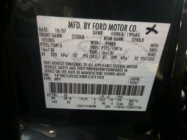 1FMCU03ZX8KC01153 - 2008 FORD ESCAPE XLT BLUE photo 10