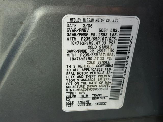 JN8AZ08W36W536938 - 2006 NISSAN MURANO SL CHARCOAL photo 10