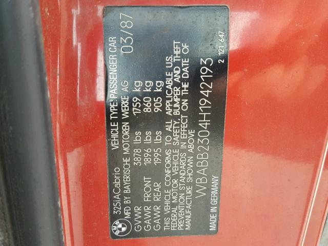 WBABB2304H1942193 - 1987 BMW 325 I AUTO RED photo 10