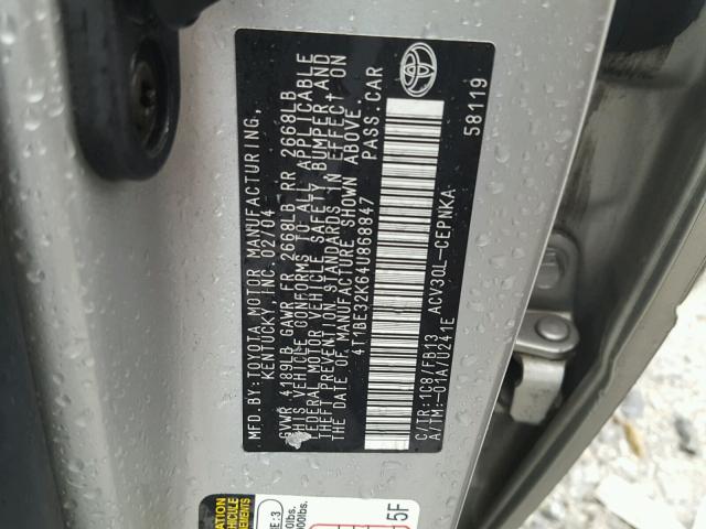 4T1BE32K64U868847 - 2004 TOYOTA CAMRY LE 银色 照片 10