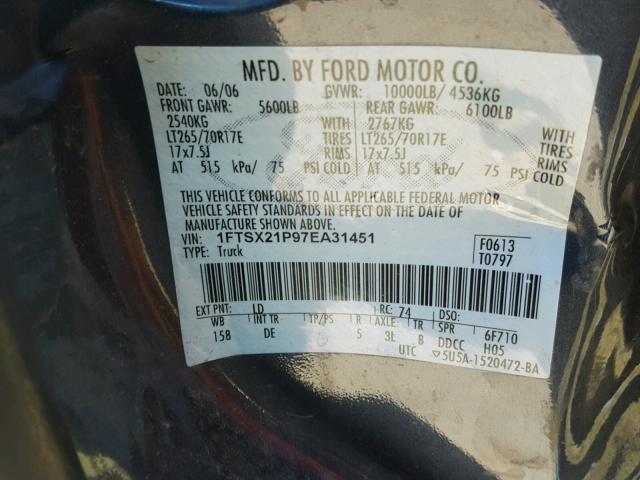 1FTSX21P97EA31451 - 2007 FORD F250 BLUE photo 10