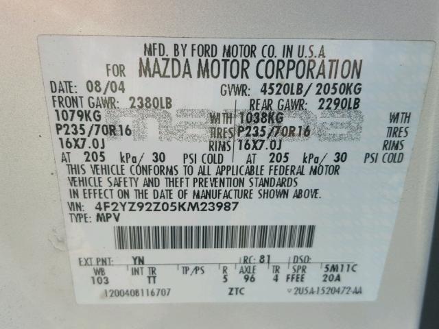 4F2YZ92Z05KM23987 - 2005 MAZDA TRIBUTE I SILVER photo 10