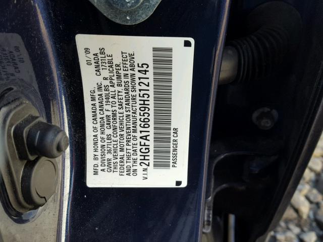 2HGFA16659H512145 - 2009 HONDA CIVIC BLUE photo 10