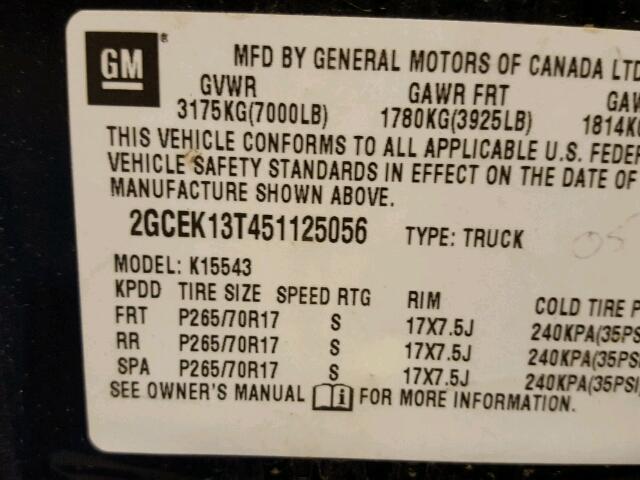 2GCEK13T451125056 - 2005 CHEVROLET SILVERADO BLUE photo 10