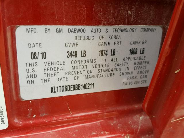 KL1TG6DE9BB140211 - 2011 CHEVROLET AVEO LT RED photo 10