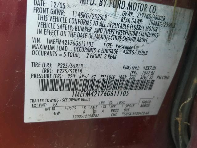 1MEFM42176G611105 - 2006 MERCURY MONTEGO PR 勃艮第红 照片 10