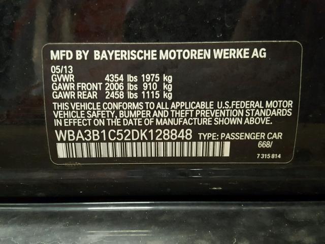 WBA3B1C52DK128848 - 2013 BMW 320 I BLACK photo 10