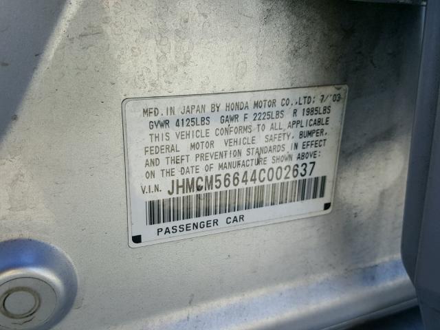 JHMCM56644C002637 - 2004 HONDA ACCORD SILVER photo 10