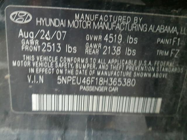 5NPEU46F18H365380 - 2008 HYUNDAI SONATA SE BLACK photo 10