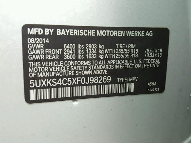 5UXKS4C5XF0J98269 - 2015 BMW X5 XDRIVE3 SILVER photo 10