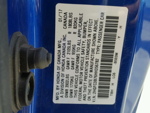 2HGFC3B76HH356782 - 2017 HONDA CIVIC EXL 蓝色 照片 10