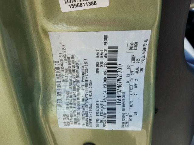 1FAHP37N67W217017 - 2007 FORD FOCUS GREEN photo 10