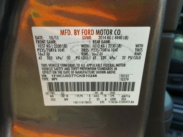 1FMCU0D77CKB10248 - 2012 FORD ESCAPE GRAY photo 10