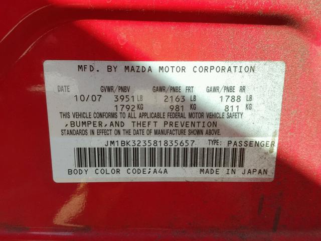 JM1BK323581835657 - 2008 MAZDA 3 S RED photo 10