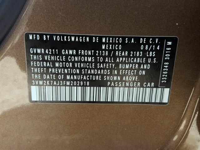 3VW2K7AJ3FM202918 - 2015 VOLKSWAGEN JETTA BASE 棕色 照片 10