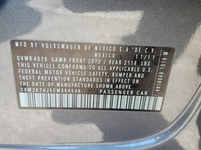 3VW2K7AJ5CM354548 - 2012 VOLKSWAGEN JETTA BASE ნაცრისფერი ფოტო 10