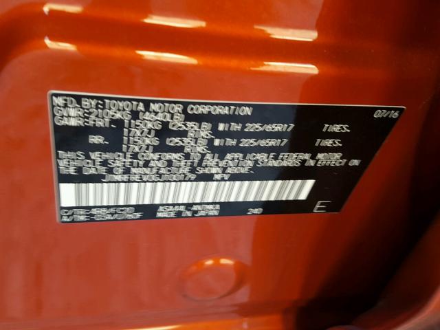 JTMRFREV0GJ100179 - 2016 TOYOTA RAV4 XLE ORANGE photo 10