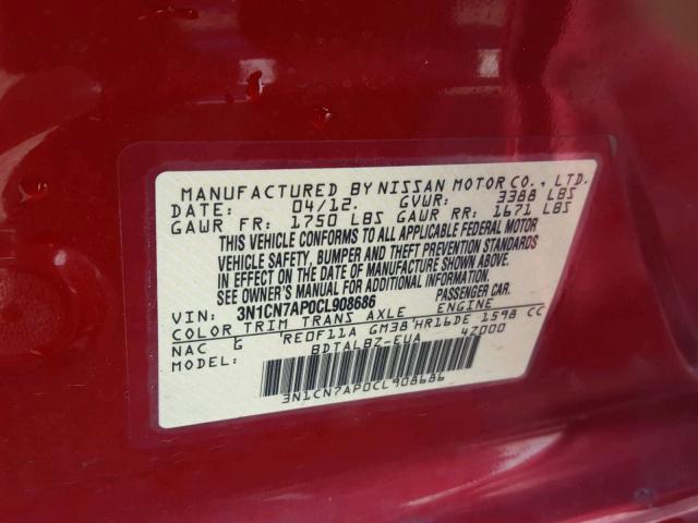 3N1CN7AP0CL908686 - 2012 NISSAN VERSA S MAROON photo 10