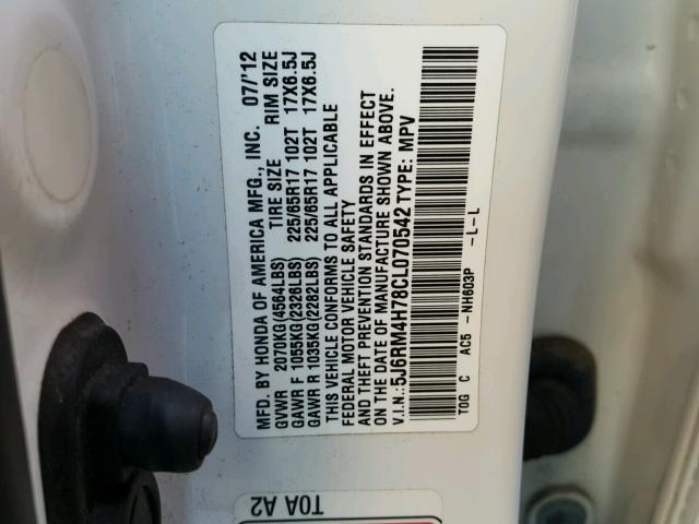 5J6RM4H78CL070542 - 2012 HONDA CR-V EXL 白色 照片 10