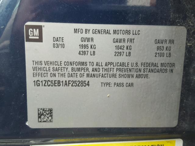 1G1ZC5EB1AF252854 - 2010 CHEVROLET MALIBU 1LT BLUE photo 10