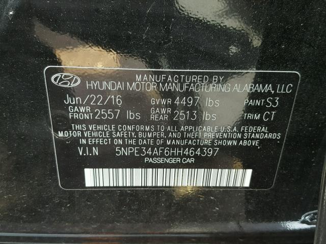 5NPE34AF6HH464397 - 2017 HYUNDAI SONATA SPO BLACK photo 10