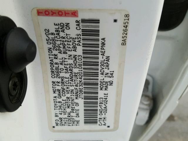 JTDBE32K420108103 - 2002 TOYOTA CAMRY WHITE photo 10