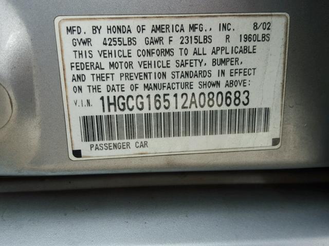 1HGCG16512A080683 - 2002 HONDA ACCORD EX SILVER photo 10