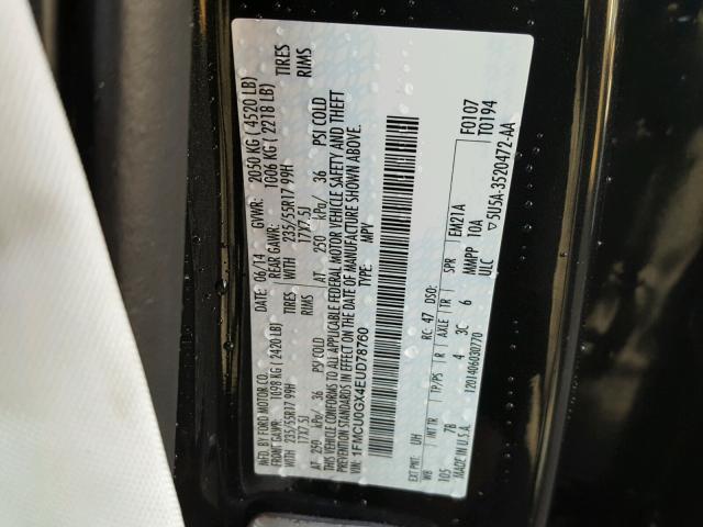 1FMCU0GX4EUD78760 - 2014 FORD ESCAPE SE BLACK photo 10