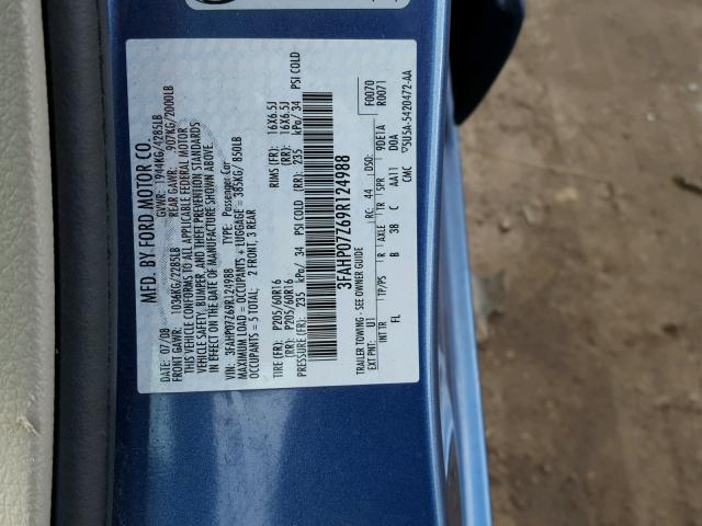 3FAHP07Z69R124988 - 2009 FORD FUSION SE BLUE photo 10