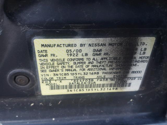 3N1CB51D5YL321698 - 2000 NISSAN SENTRA BAS BLACK photo 10