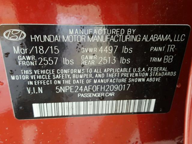 5NPE24AF0FH209017 - 2015 HYUNDAI SONATA SE RED photo 10