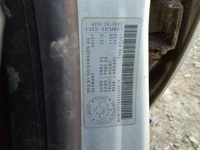 WVWYH63BX2E080019 - 2002 VOLKSWAGEN PASSAT GLX 银色 照片 10