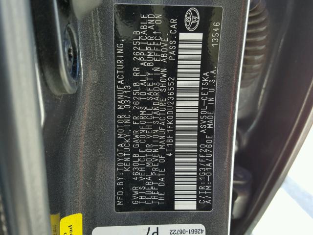 4T1BF1FK0DU236552 - 2013 TOYOTA CAMRY L CHARCOAL photo 10