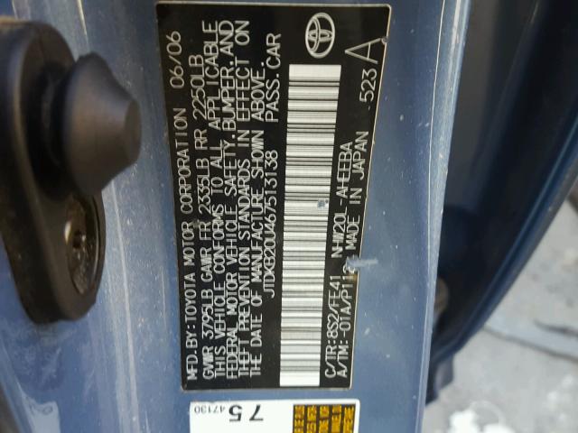 JTDKB20U467513138 - 2006 TOYOTA PRIUS BLUE photo 10