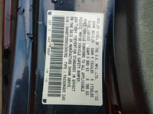 SHHEP33592U308782 - 2002 HONDA CIVIC BLACK photo 10