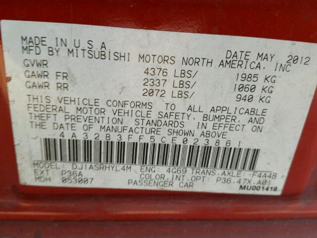 4A32B3FF5CE023861 - 2012 MITSUBISHI GALANT ES RED photo 10