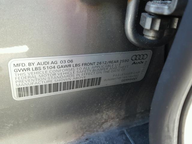 WAUAH74F16N168002 - 2006 AUDI A6 GRAY photo 10