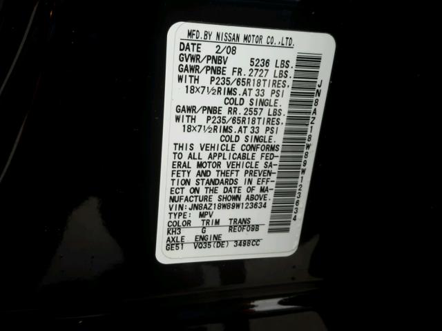 JN8AZ18W89W123634 - 2009 NISSAN MURANO BLACK photo 10