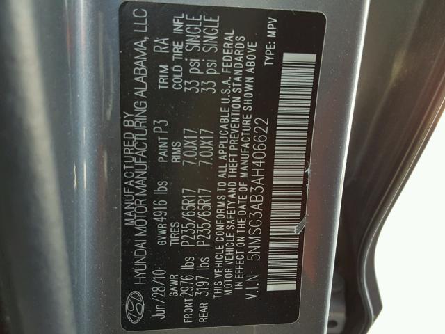 5NMSG3AB3AH406622 - 2010 HYUNDAI SANTA FE G GRAY photo 10