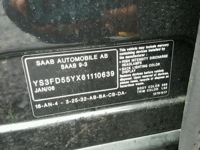 YS3FD55YX61110639 - 2006 SAAB 9-3 BASE BLACK photo 10