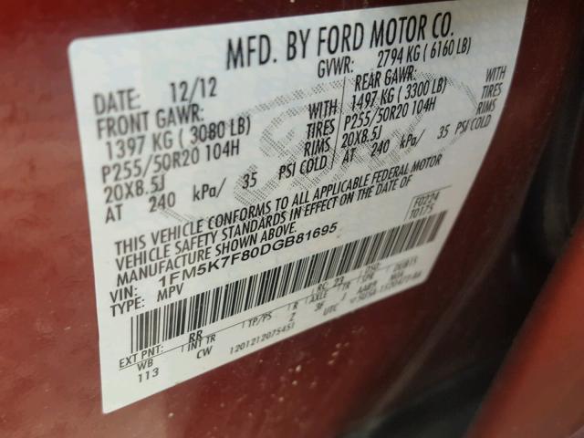 1FM5K7F80DGB81695 - 2013 FORD EXPLORER L RED photo 10