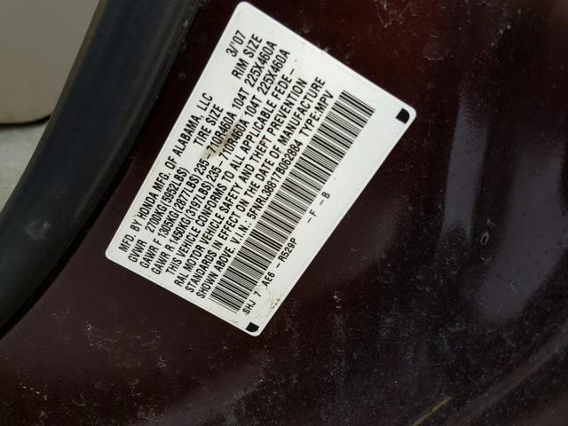 5FNRL38817B062884 - 2007 HONDA ODYSSEY TO MAROON photo 10