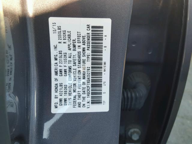 1HGCR2F7XGA052762 - 2016 HONDA ACCORD EX GRAY photo 10