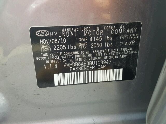 KMHDB8AE3BU108947 - 2011 HYUNDAI ELANTRA TO GRAY photo 10