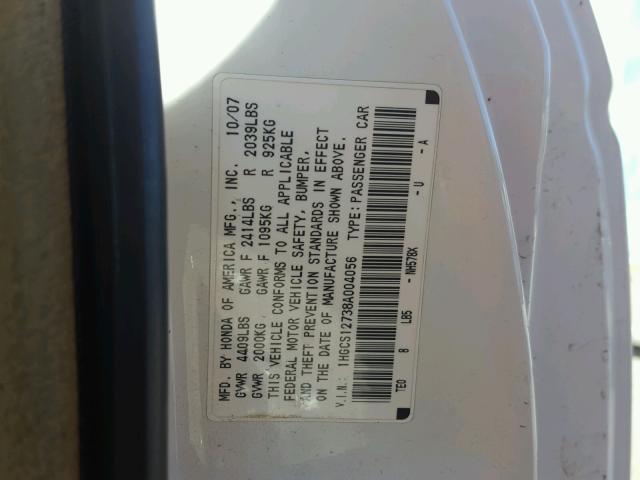 1HGCS12738A004056 - 2008 HONDA ACCORD EX WHITE photo 10